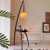 Mid Century Modern Arc Floor Lamp with Walnut Wood Frame Amber Glass Globe and Side Table