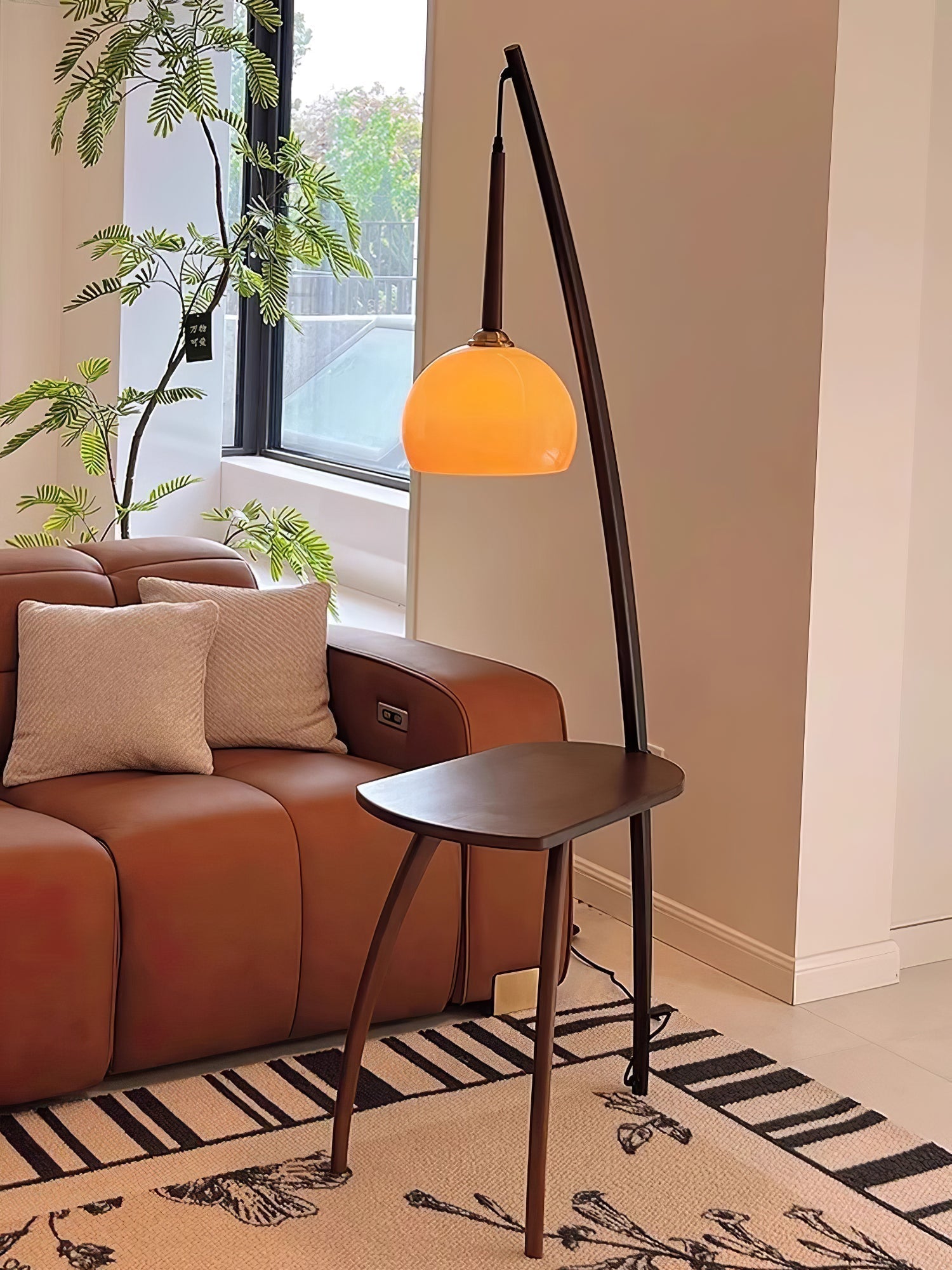 Mid Century Modern Arc Floor Lamp with Walnut Wood Frame Amber Glass Globe and Side Table