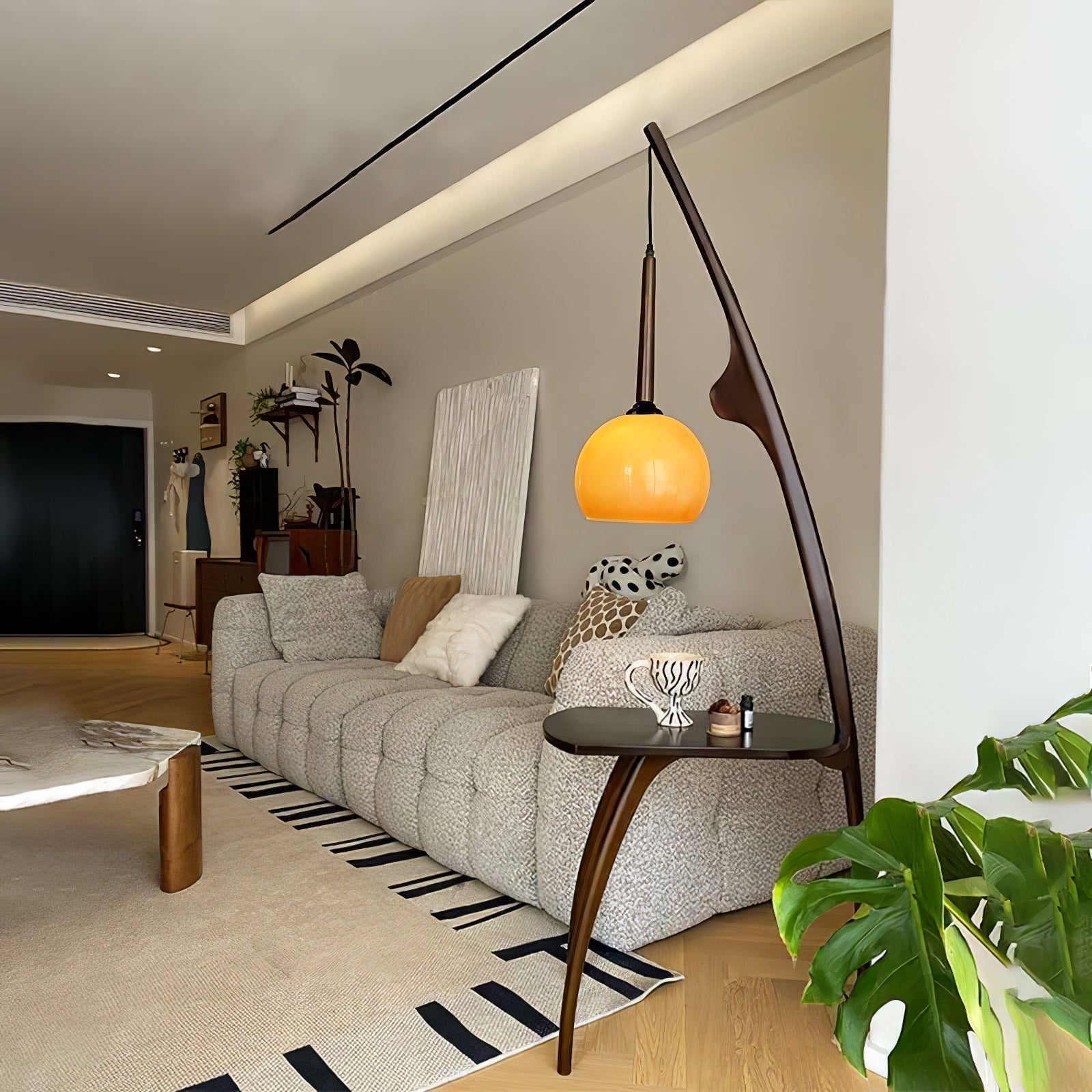 Mid Century Modern Arc Floor Lamp with Walnut Wood Frame Amber Glass Globe and Side Table