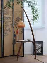 Mid Century Modern Arc Floor Lamp with Walnut Wood Frame Amber Glass Globe and Side Table