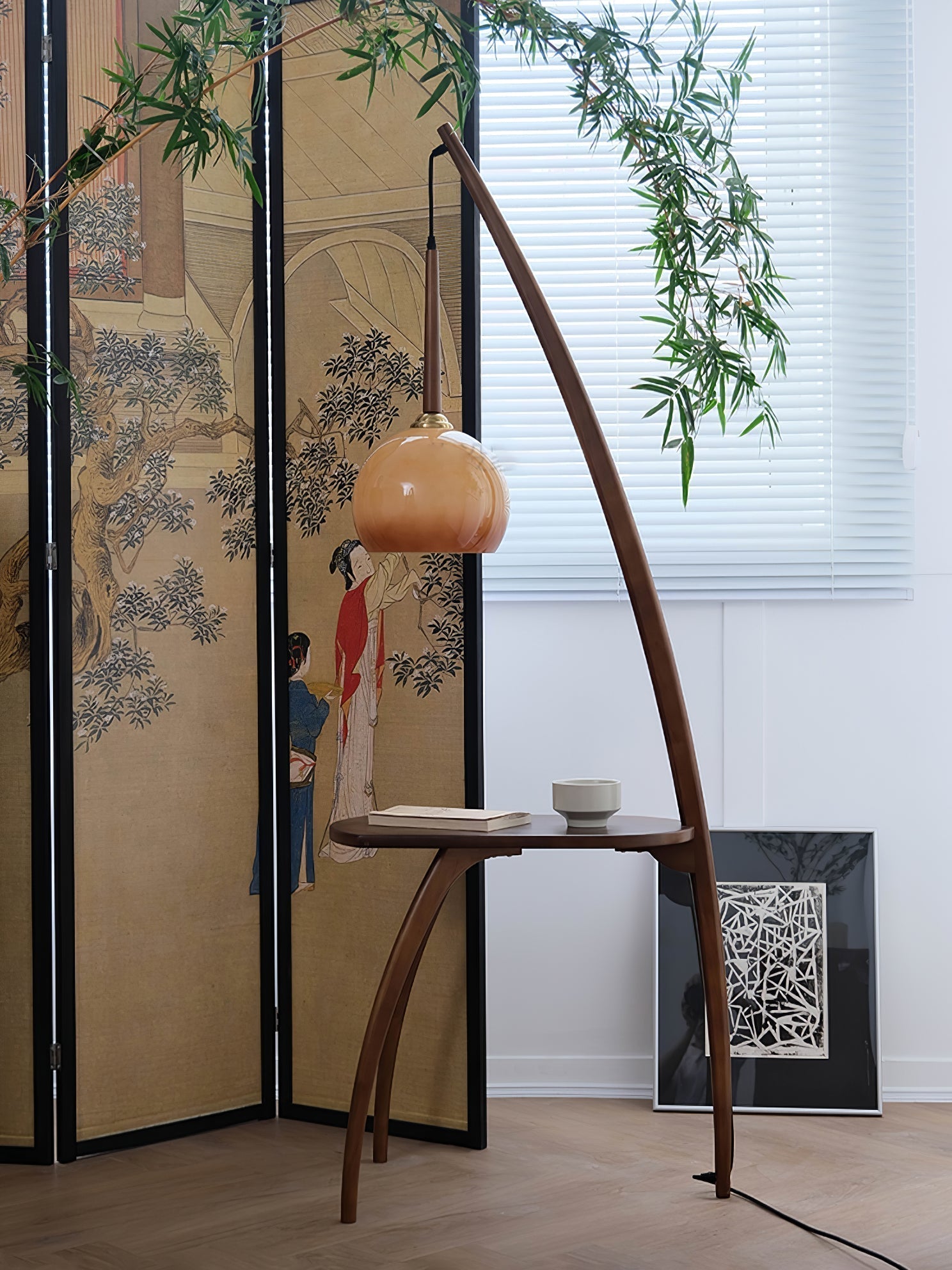 Mid Century Modern Arc Floor Lamp with Walnut Wood Frame Amber Glass Globe and Side Table