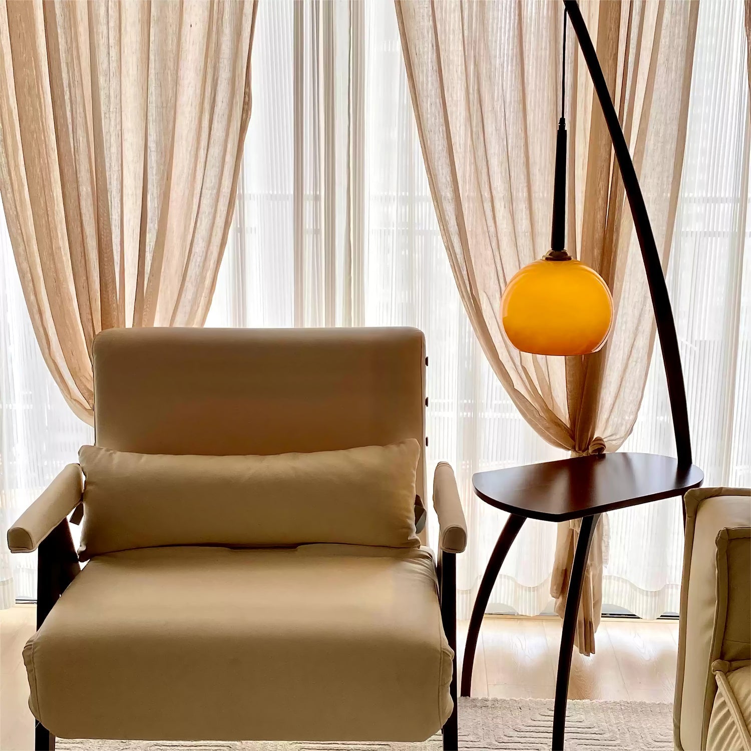 Mid Century Modern Arc Floor Lamp with Walnut Wood Frame Amber Glass Globe and Side Table