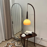 Mid Century Modern Arc Floor Lamp with Walnut Wood Frame Amber Glass Globe and Side Table