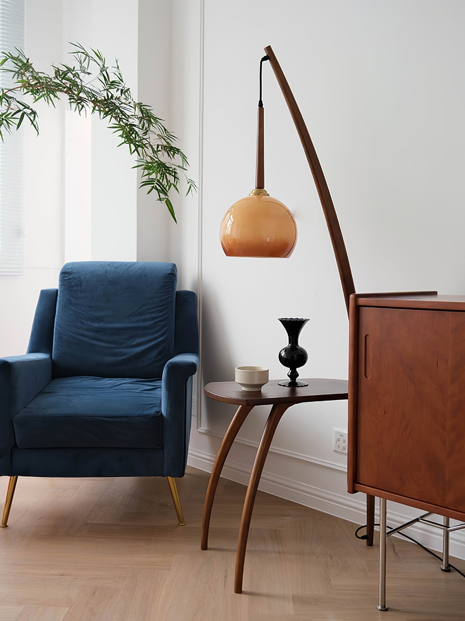 Mid Century Modern Arc Floor Lamp with Walnut Wood Frame Amber Glass Globe and Side Table