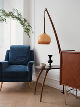 Mid Century Modern Arc Floor Lamp with Walnut Wood Frame Amber Glass Globe and Side Table