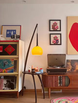 Mid Century Modern Arc Floor Lamp with Walnut Wood Frame Amber Glass Globe and Side Table