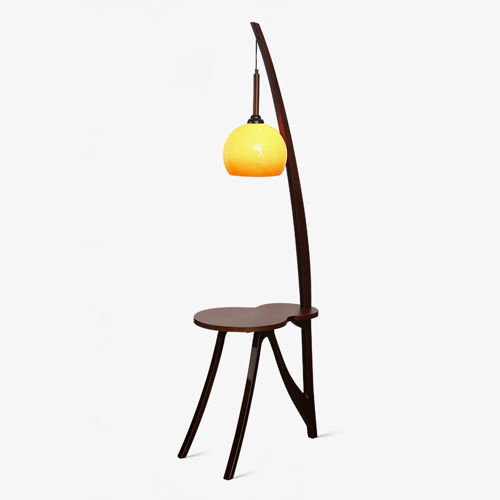 Walnut Wood Arc Floor Lamp with Caramel Glass Shade for Ambient Living Room Lighting
