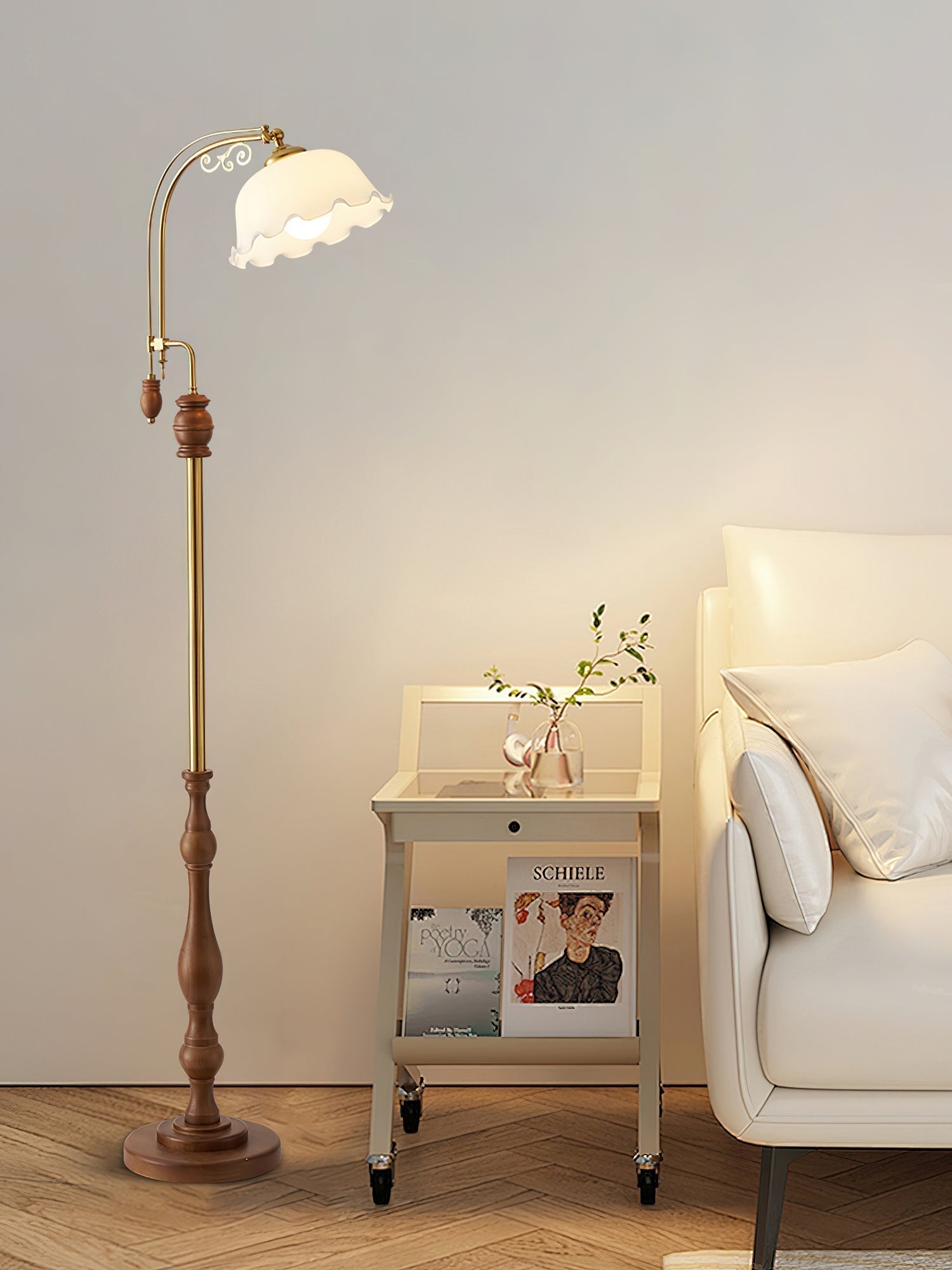 Arch Curves Contemporary Arched Floor Lamp with Wood and Glass Accents for Modern Living Rooms