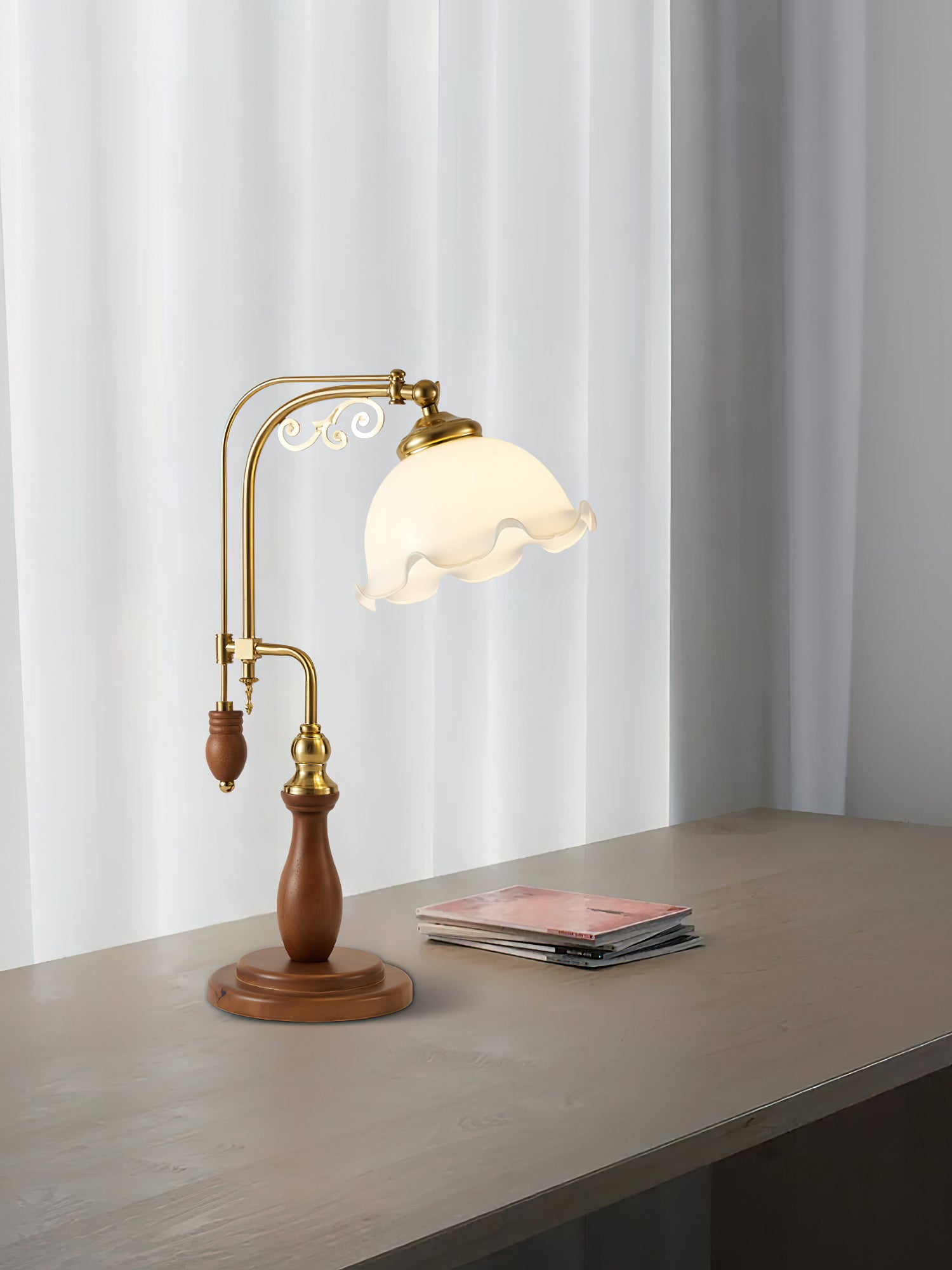 Modern Arch Curves Wood and Metal Table Lamp with Glass Globe Shade for Office