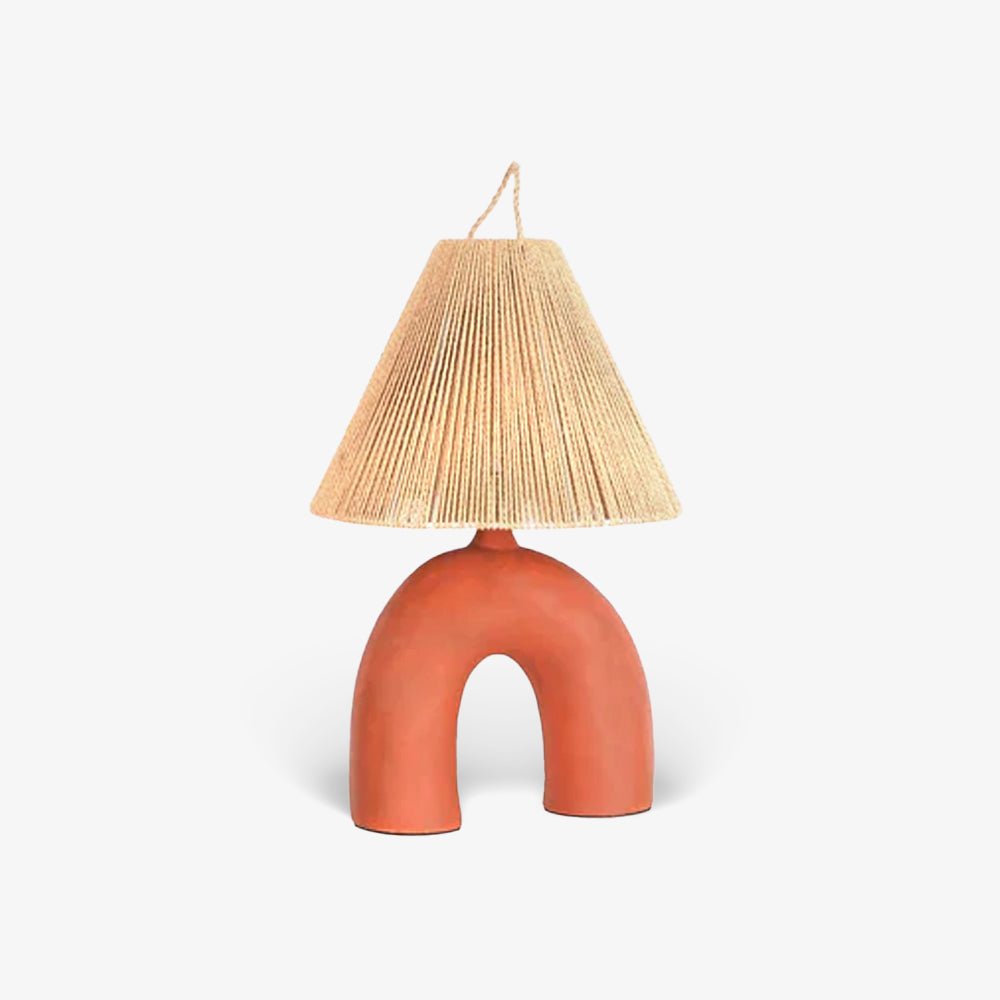 Sculptural Arched Ceramic Table Lamp with Braided Rope Shade and Handcrafted Base