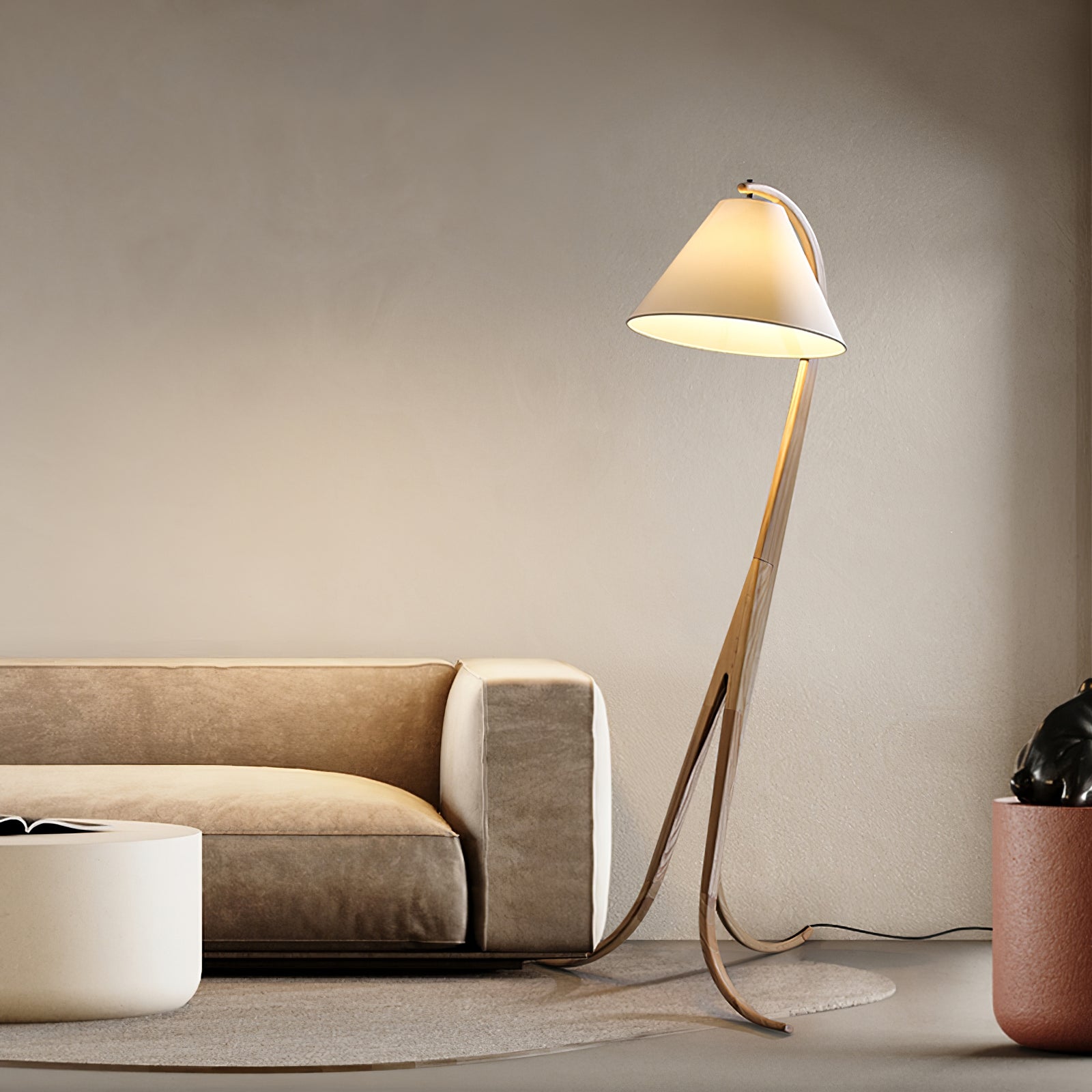 Modern Arcwood Curved Wood Floor Lamp with Fabric Shade for Living Room and Study