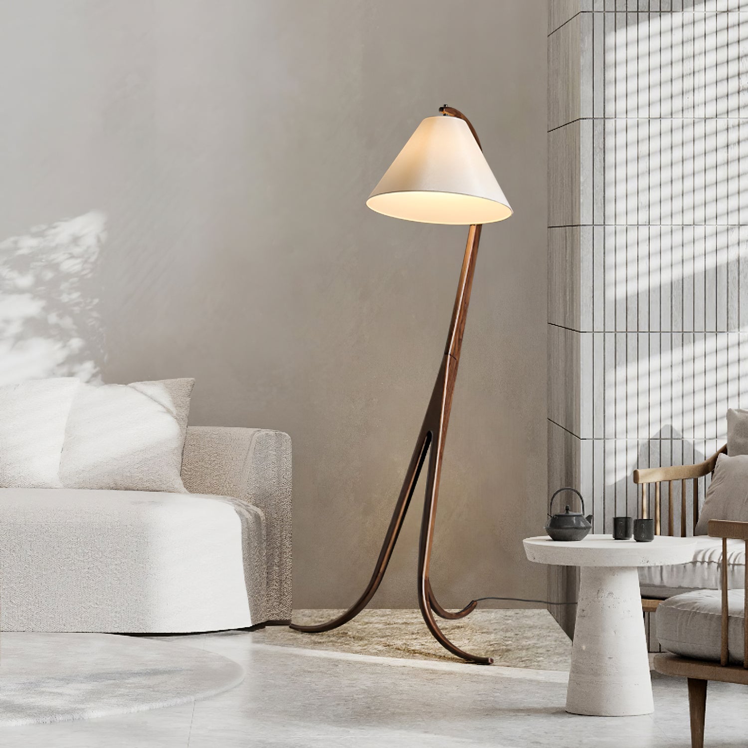 Modern Arcwood Curved Wood Floor Lamp with Fabric Shade for Living Room and Study