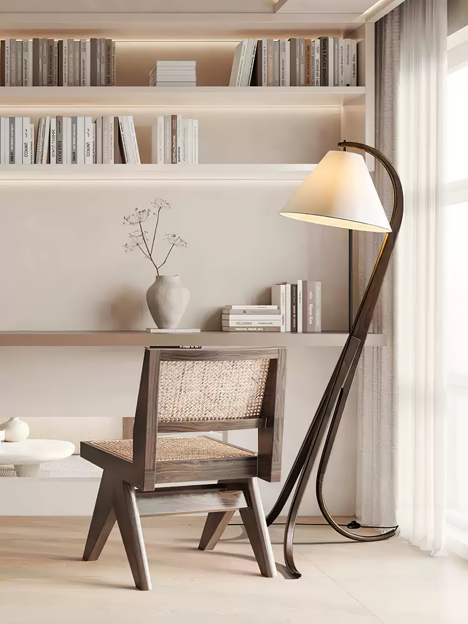 Modern Arcwood Curved Wood Floor Lamp with Fabric Shade for Living Room and Study