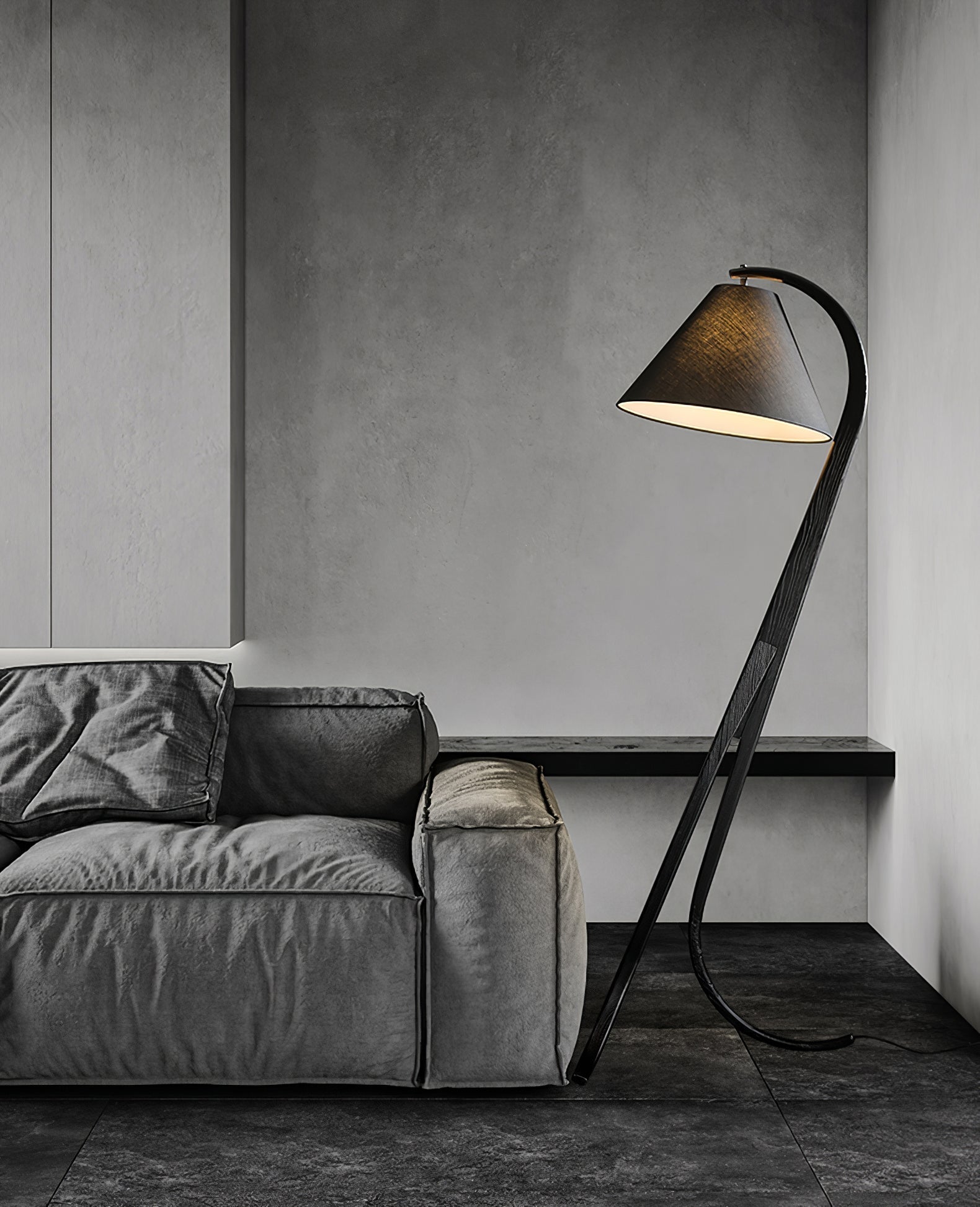 Modern Arcwood Curved Wood Floor Lamp with Fabric Shade for Living Room and Study