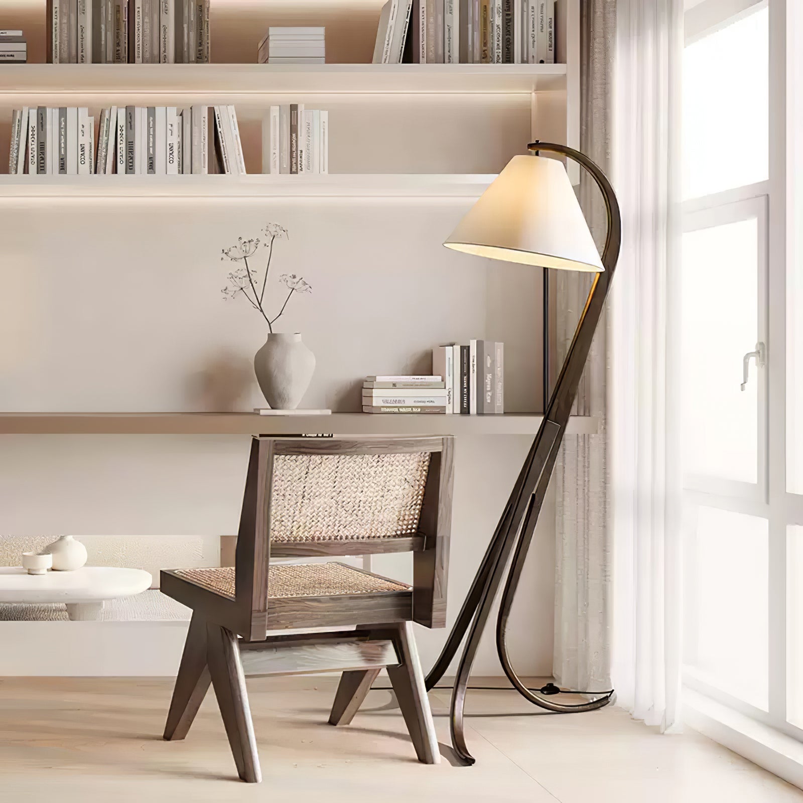 Modern Arcwood Curved Wood Floor Lamp with Fabric Shade for Living Room and Study