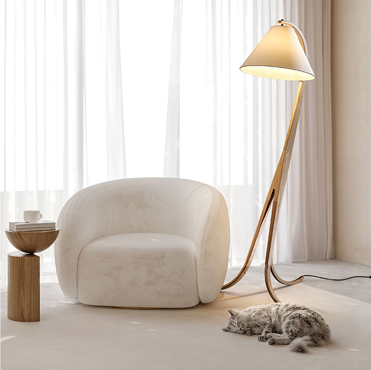 Modern Arcwood Curved Wood Floor Lamp with Fabric Shade for Living Room and Study