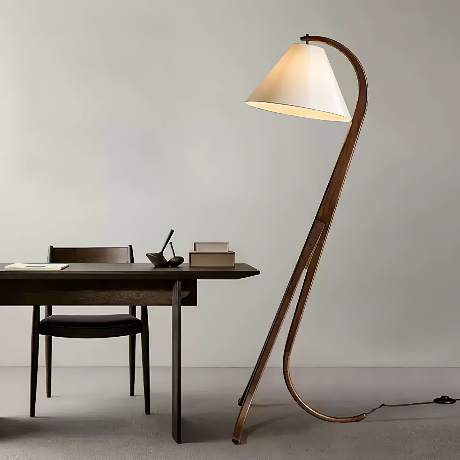 Modern Arcwood Curved Wood Floor Lamp with Fabric Shade for Living Room and Study