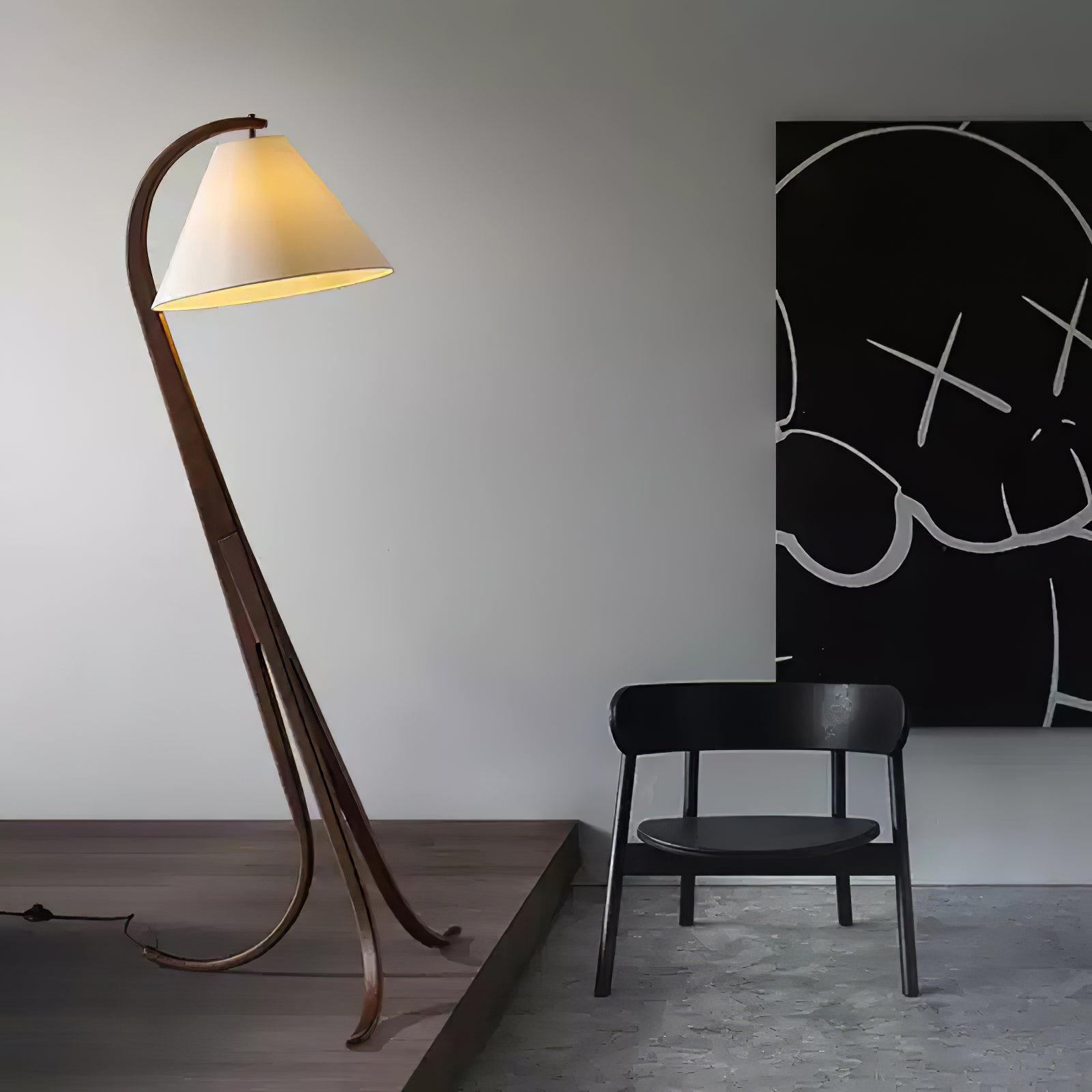 Modern Arcwood Curved Wood Floor Lamp with Fabric Shade for Living Room and Study