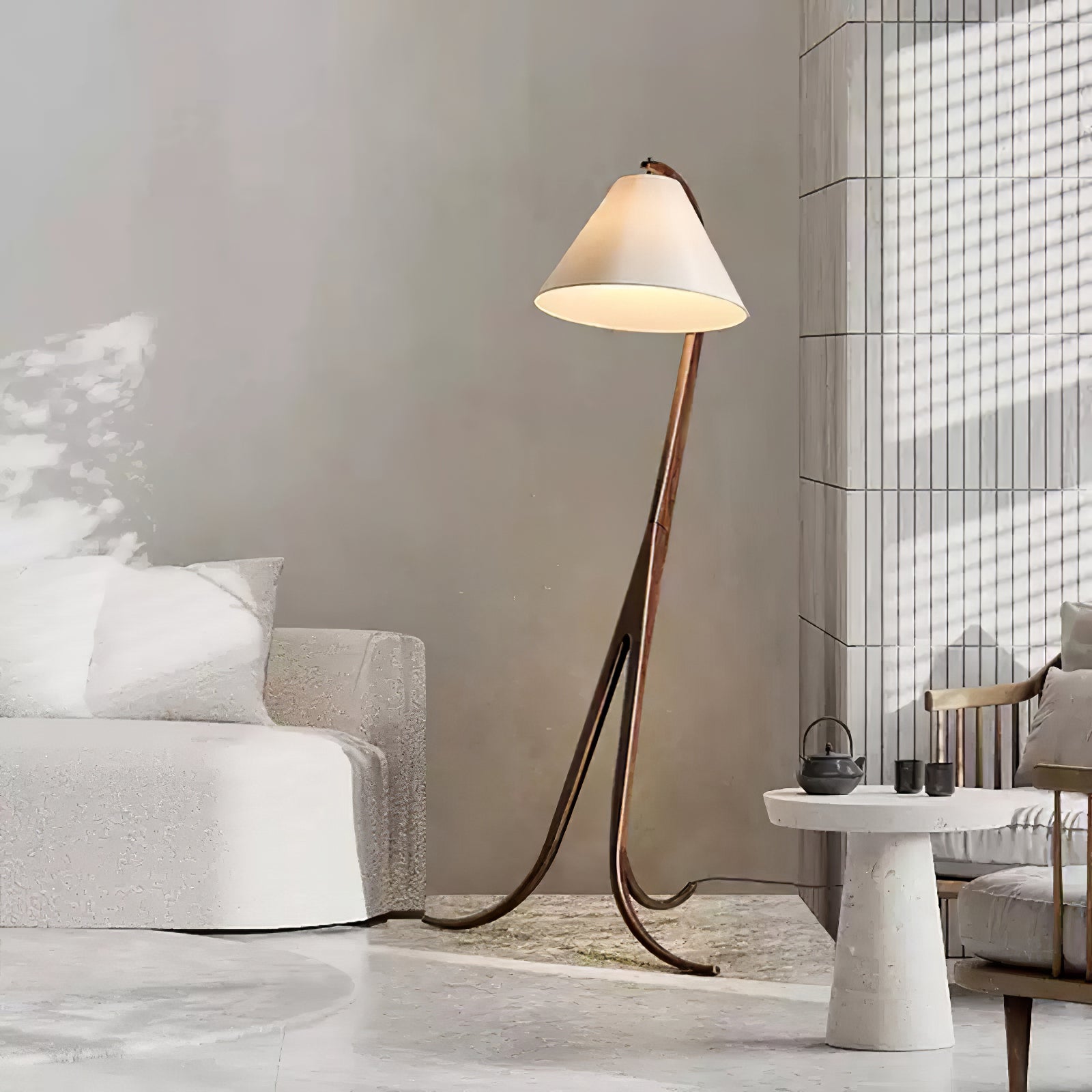 Modern Arcwood Curved Wood Floor Lamp with Fabric Shade for Living Room and Study