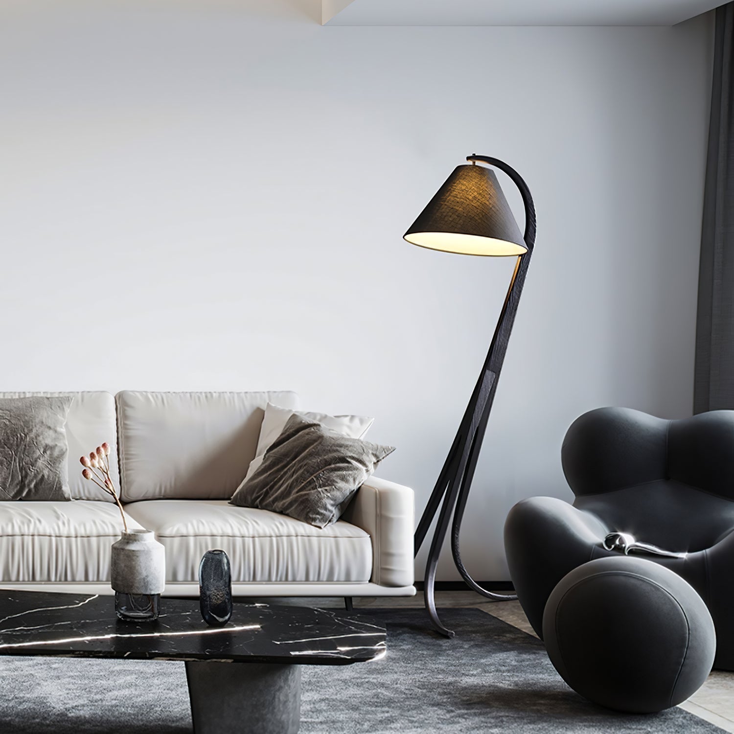 Modern Arcwood Curved Wood Floor Lamp with Fabric Shade for Living Room and Study