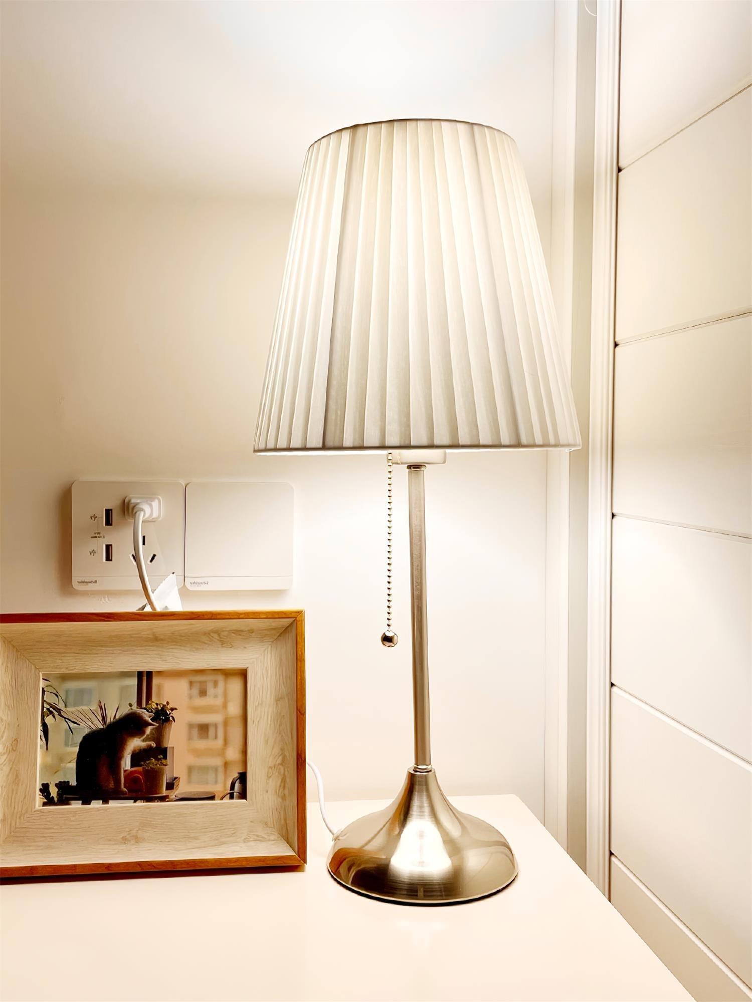 Elegant Chrome Table Lamp with White Pleated Shade for Bedroom Nightstand