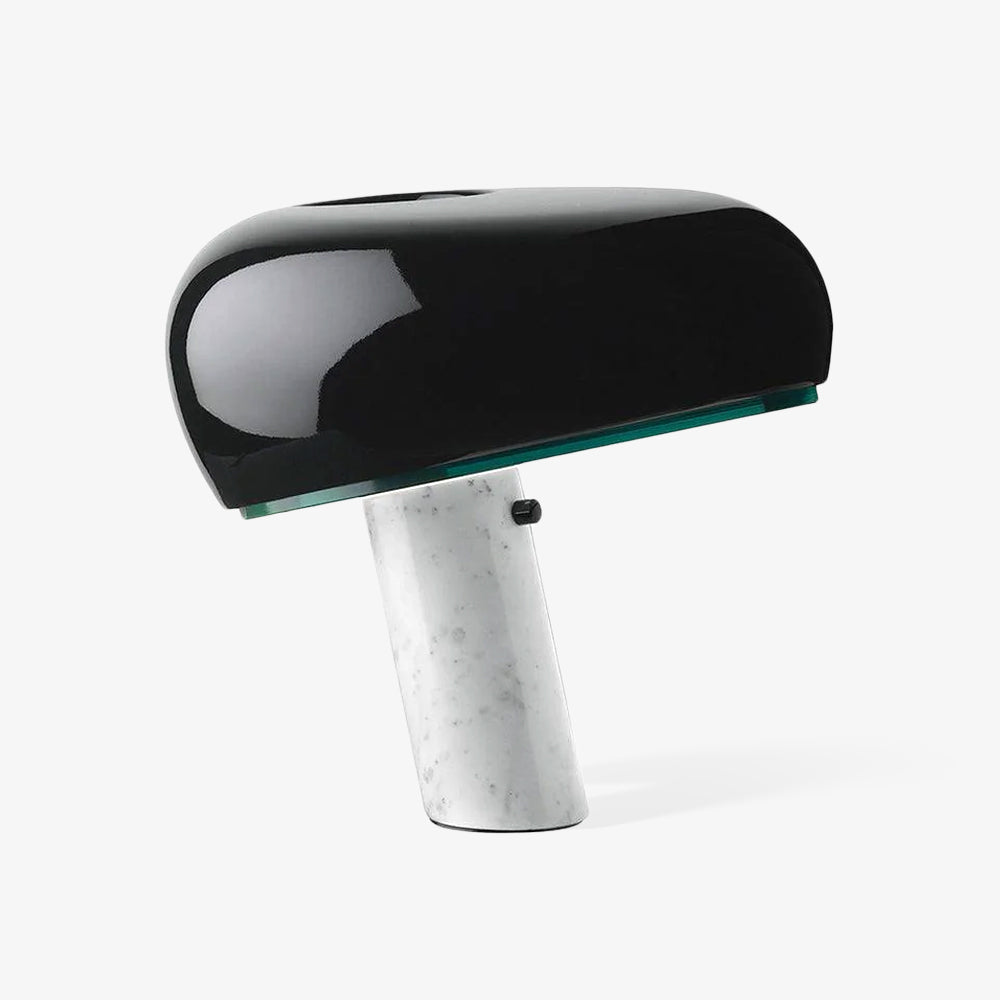 Modern Italian White Carrara Marble Table Lamp with Glazed Metal Mushroom Shade