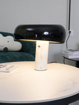 Modern Italian White Carrara Marble Table Lamp with Glazed Metal Mushroom Shade