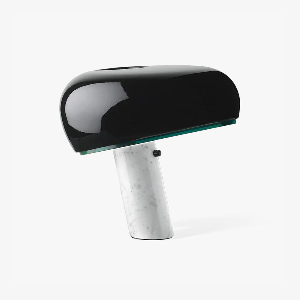 Modern Italian White Carrara Marble Table Lamp with Glazed Metal Mushroom Shade