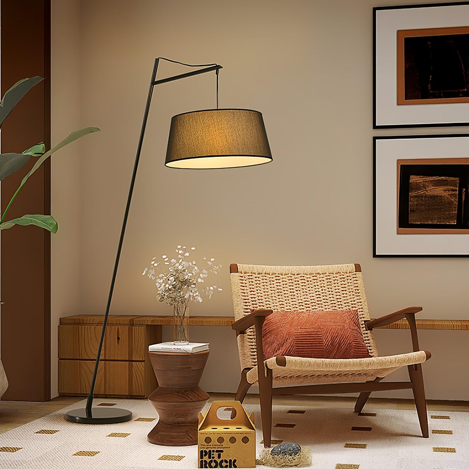 Modern Arturo Adjustable Arc Floor Lamp in Black Metal with Fabric Shade