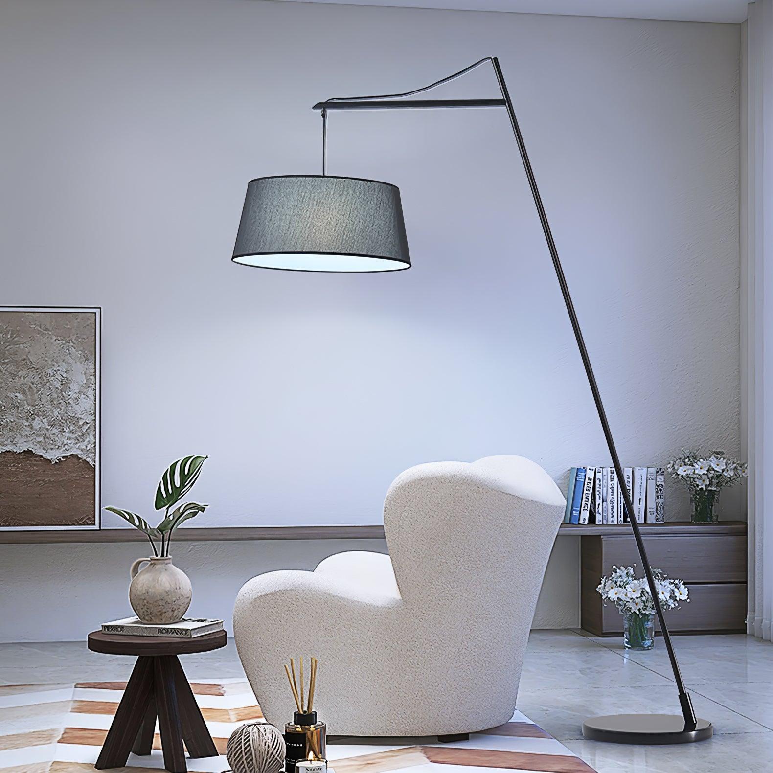 Modern Arturo Adjustable Arc Floor Lamp in Black Metal with Fabric Shade