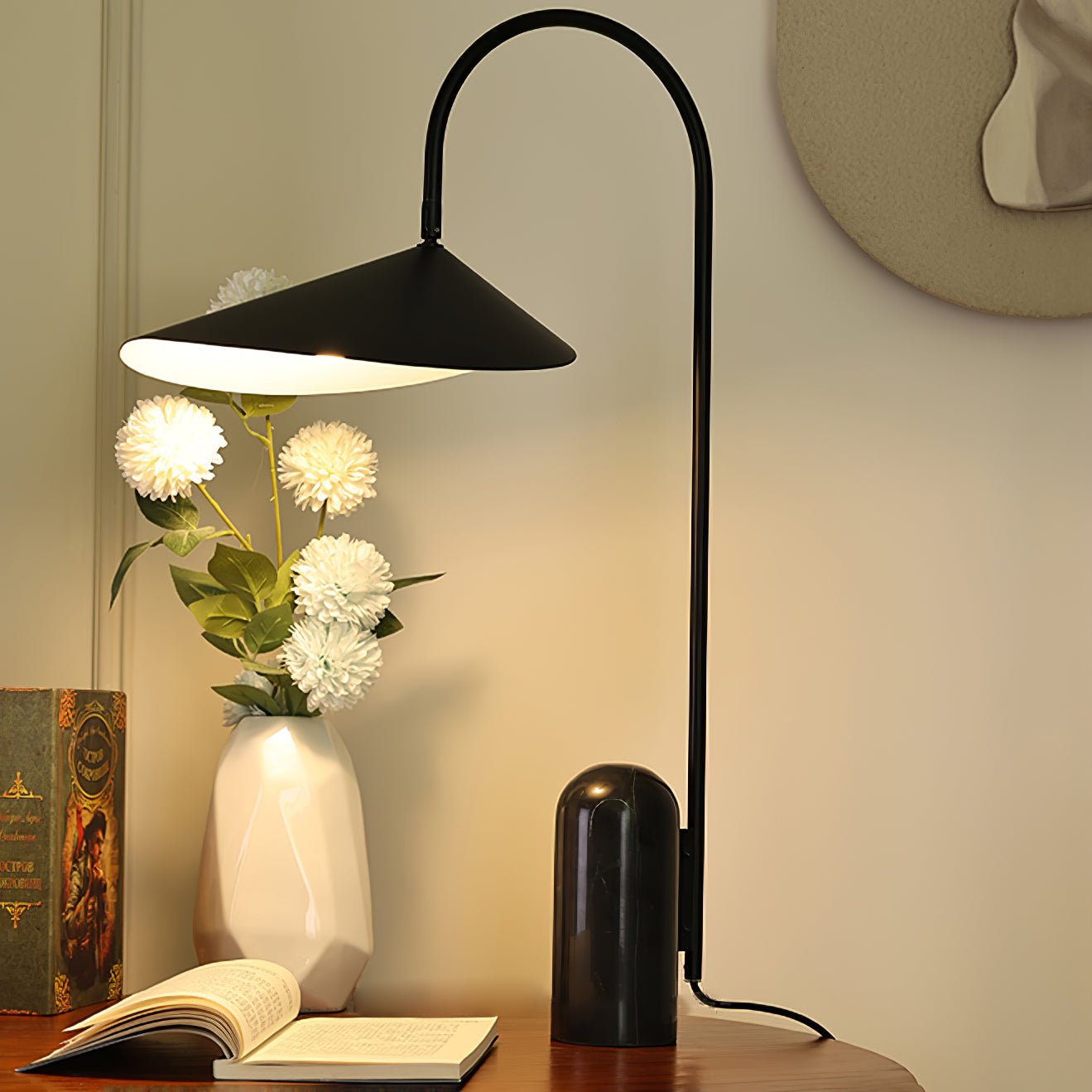 Arum Minimalist Accent Table Lamp with Adjustable Metal Shade and Marble Base