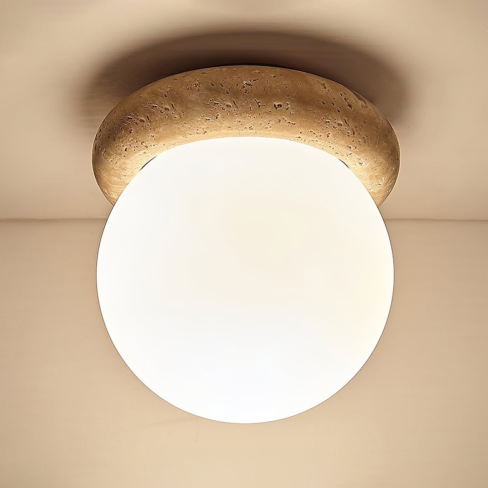 Yellow Travertine Natural Stone Flush Mount Ceiling Light Modern Asteroid Round Lamp