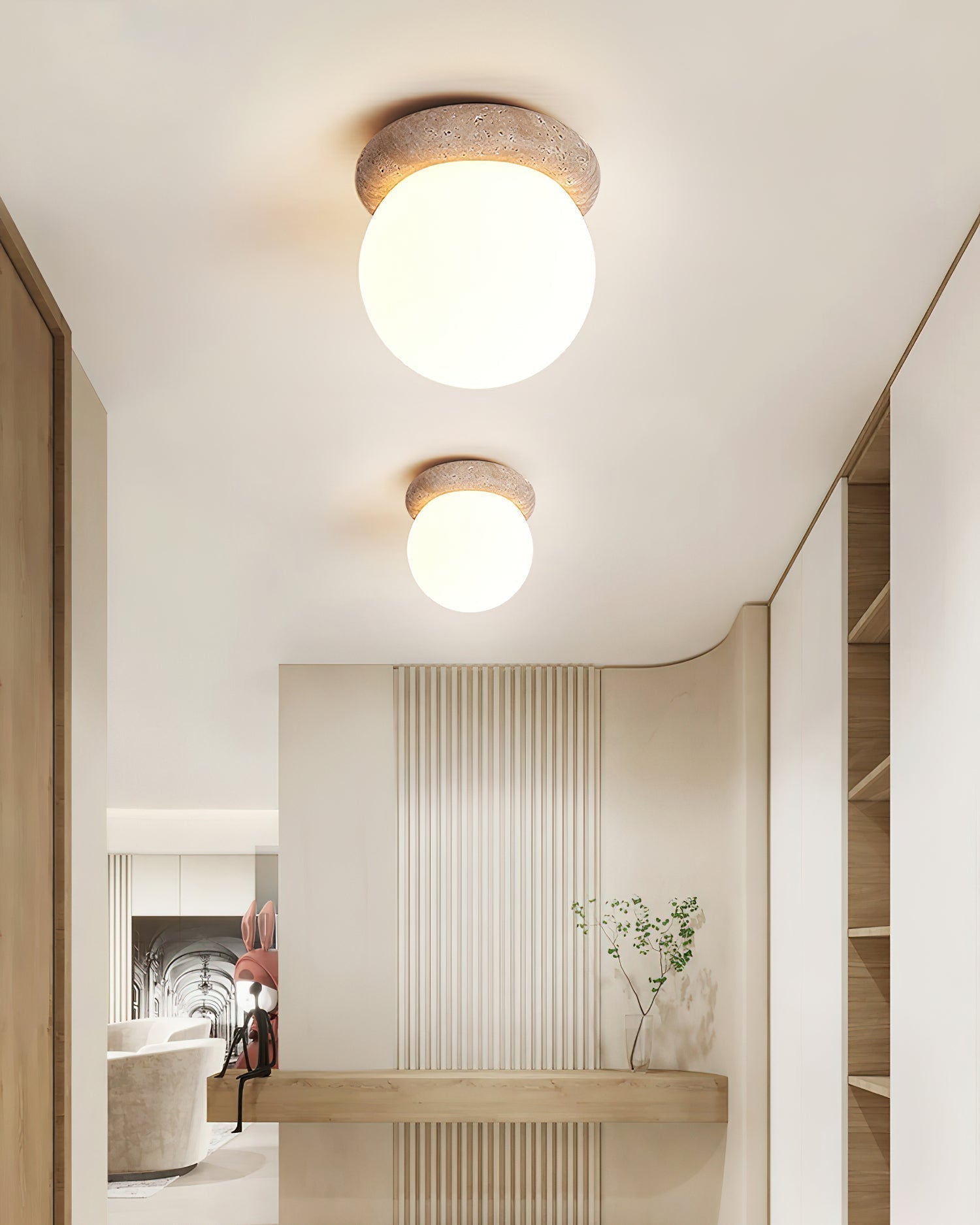 Yellow Travertine Natural Stone Flush Mount Ceiling Light Modern Asteroid Round Lamp