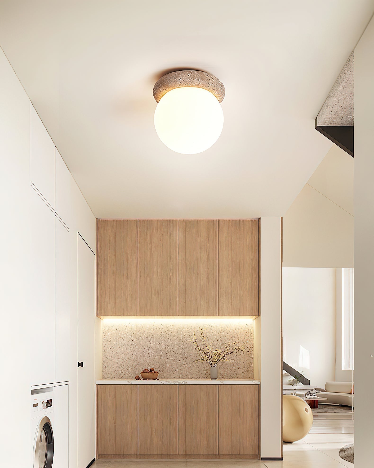 Yellow Travertine Natural Stone Flush Mount Ceiling Light Modern Asteroid Round Lamp