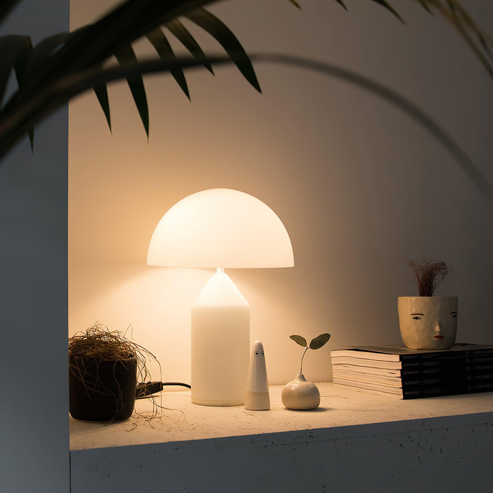 Modern White Blown Glass Mushroom Table Lamp with Geometric Dome Shade for Bedside and Living Room