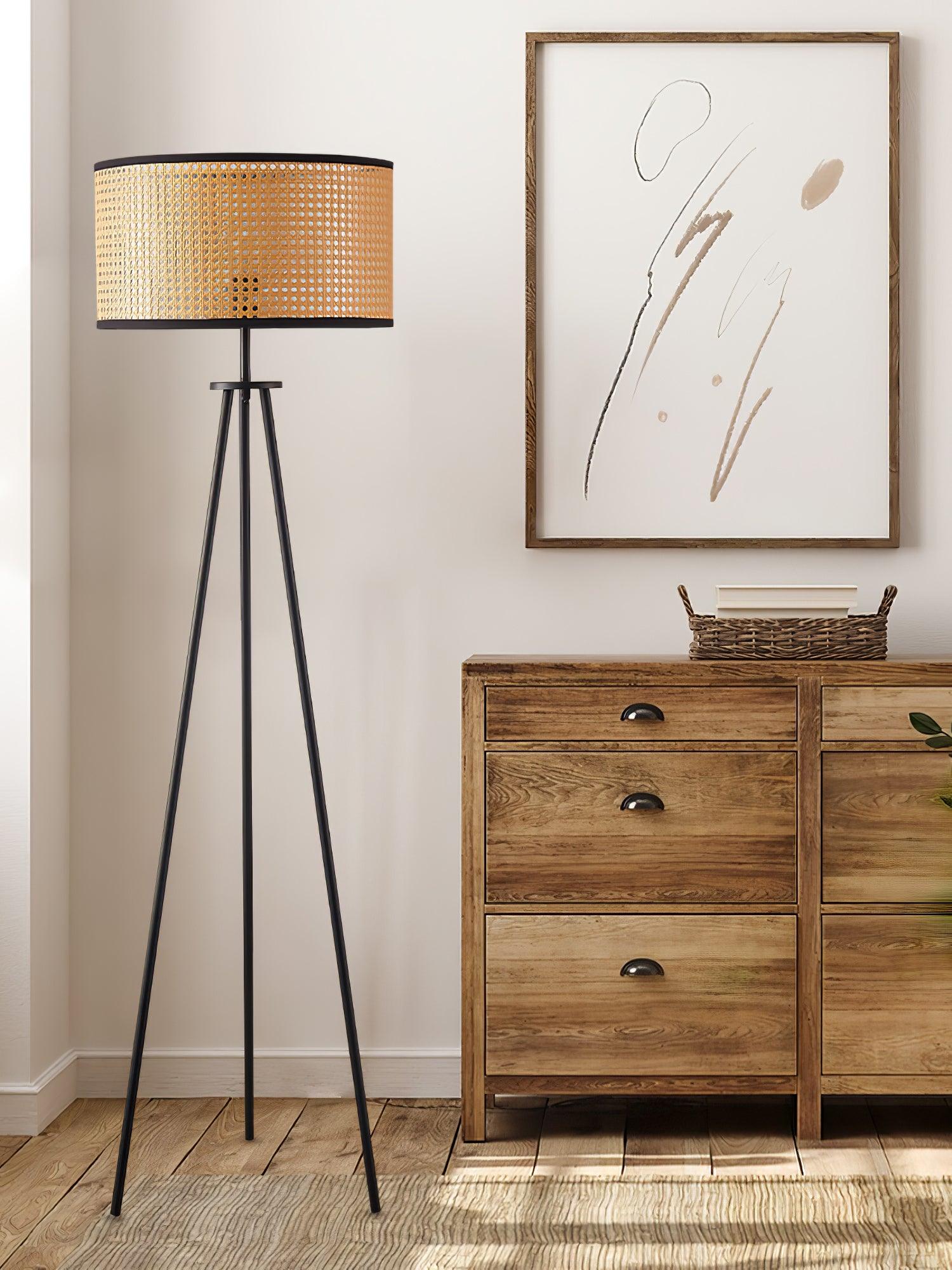 Aubrey Modern Tripod Floor Lamp with Natural Bamboo Shade and Black Metal Base
