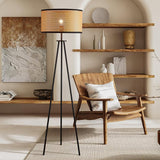 Aubrey Modern Tripod Floor Lamp with Natural Bamboo Shade and Black Metal Base