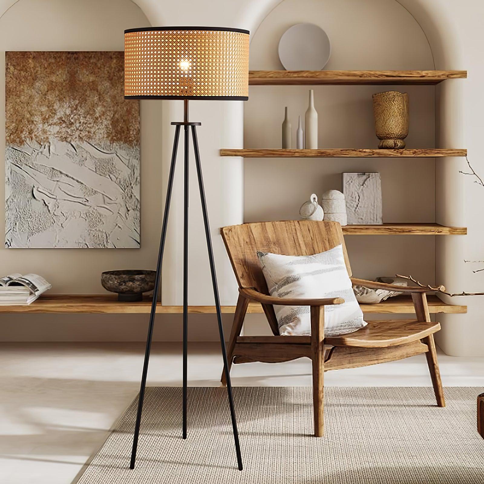 Aubrey Modern Tripod Floor Lamp with Natural Bamboo Shade and Black Metal Base
