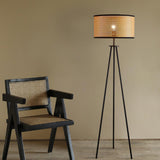Aubrey Modern Tripod Floor Lamp with Natural Bamboo Shade and Black Metal Base