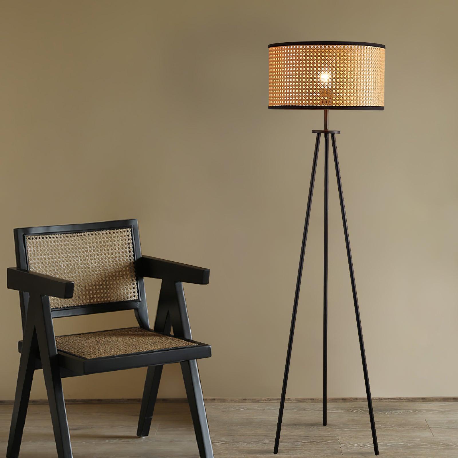 Aubrey Modern Tripod Floor Lamp with Natural Bamboo Shade and Black Metal Base