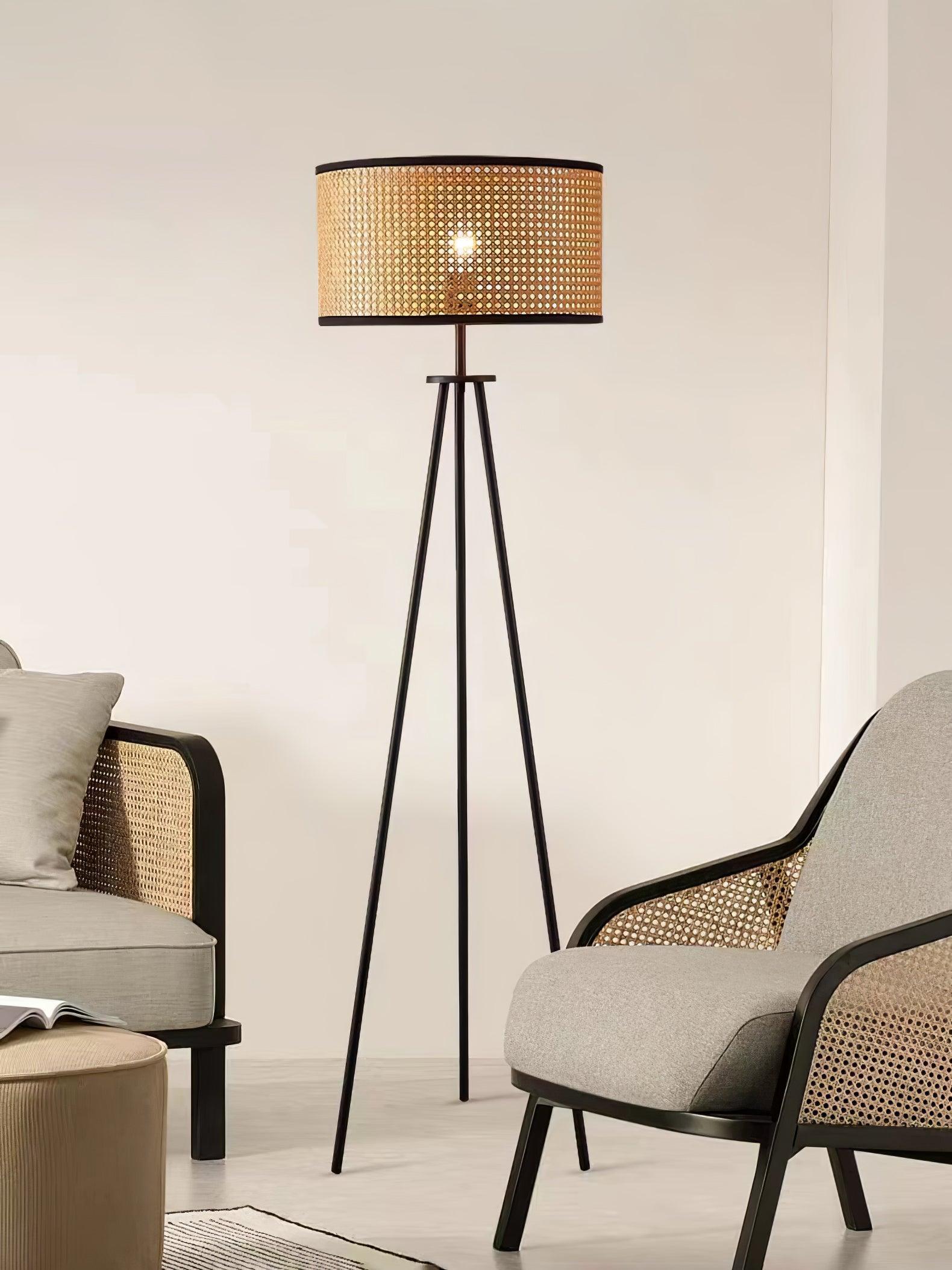 Aubrey Modern Tripod Floor Lamp with Natural Bamboo Shade and Black Metal Base