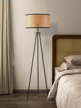 Aubrey Modern Tripod Floor Lamp with Natural Bamboo Shade and Black Metal Base
