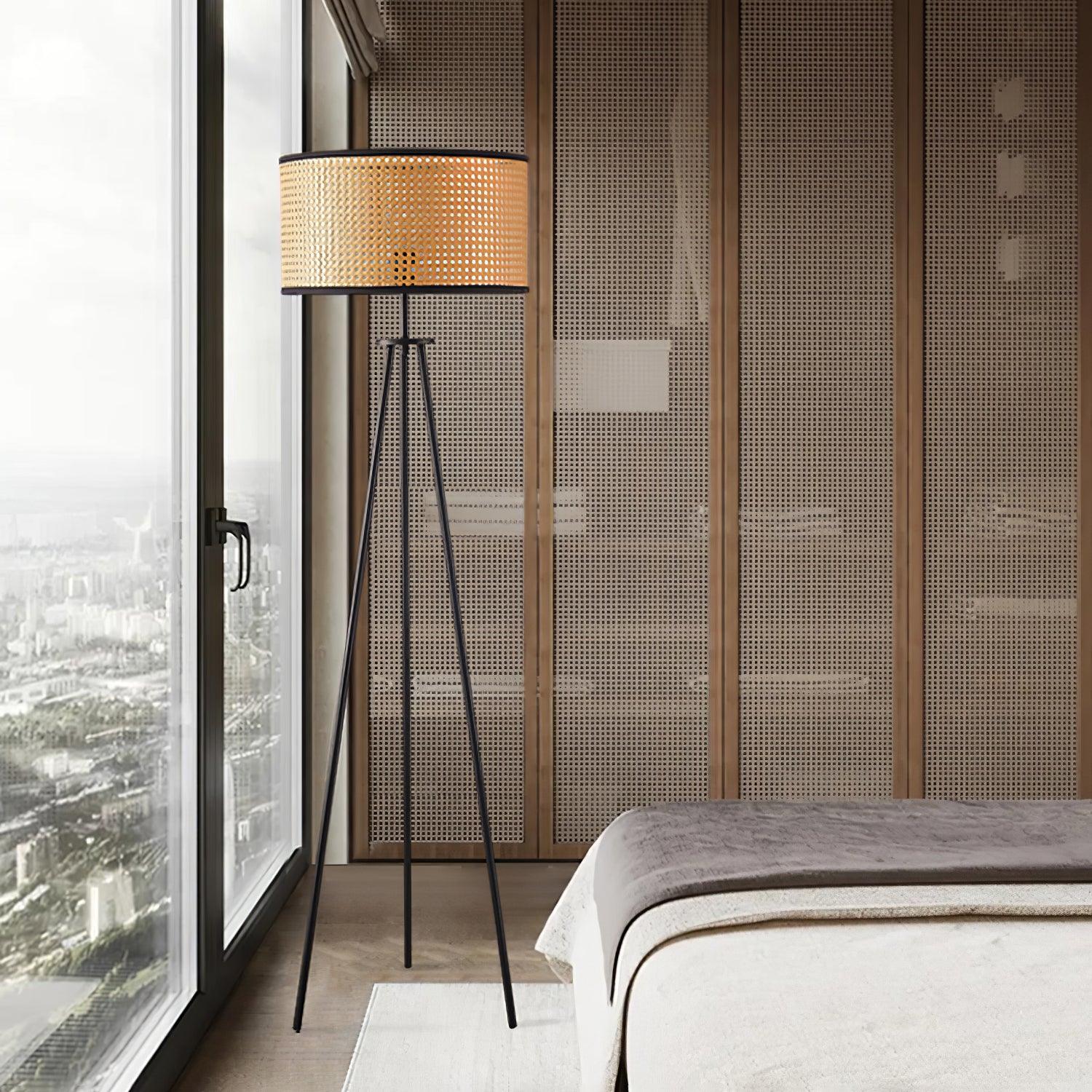Aubrey Modern Tripod Floor Lamp with Natural Bamboo Shade and Black Metal Base