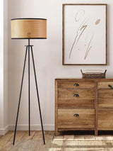 Aubrey Modern Tripod Floor Lamp with Natural Bamboo Shade and Black Metal Base