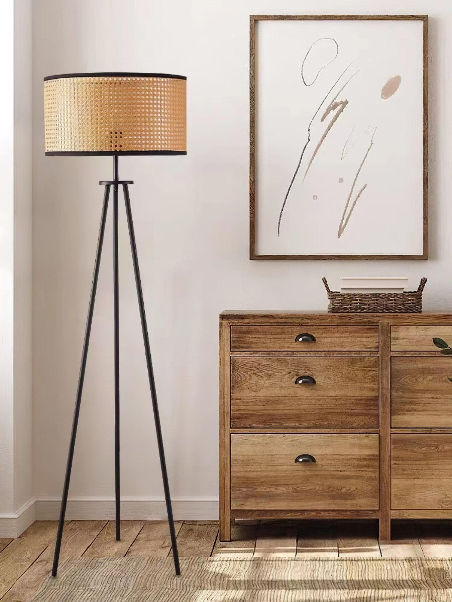 Aubrey Modern Tripod Floor Lamp with Natural Bamboo Shade and Black Metal Base