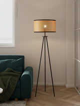 Aubrey Modern Tripod Floor Lamp with Natural Bamboo Shade and Black Metal Base