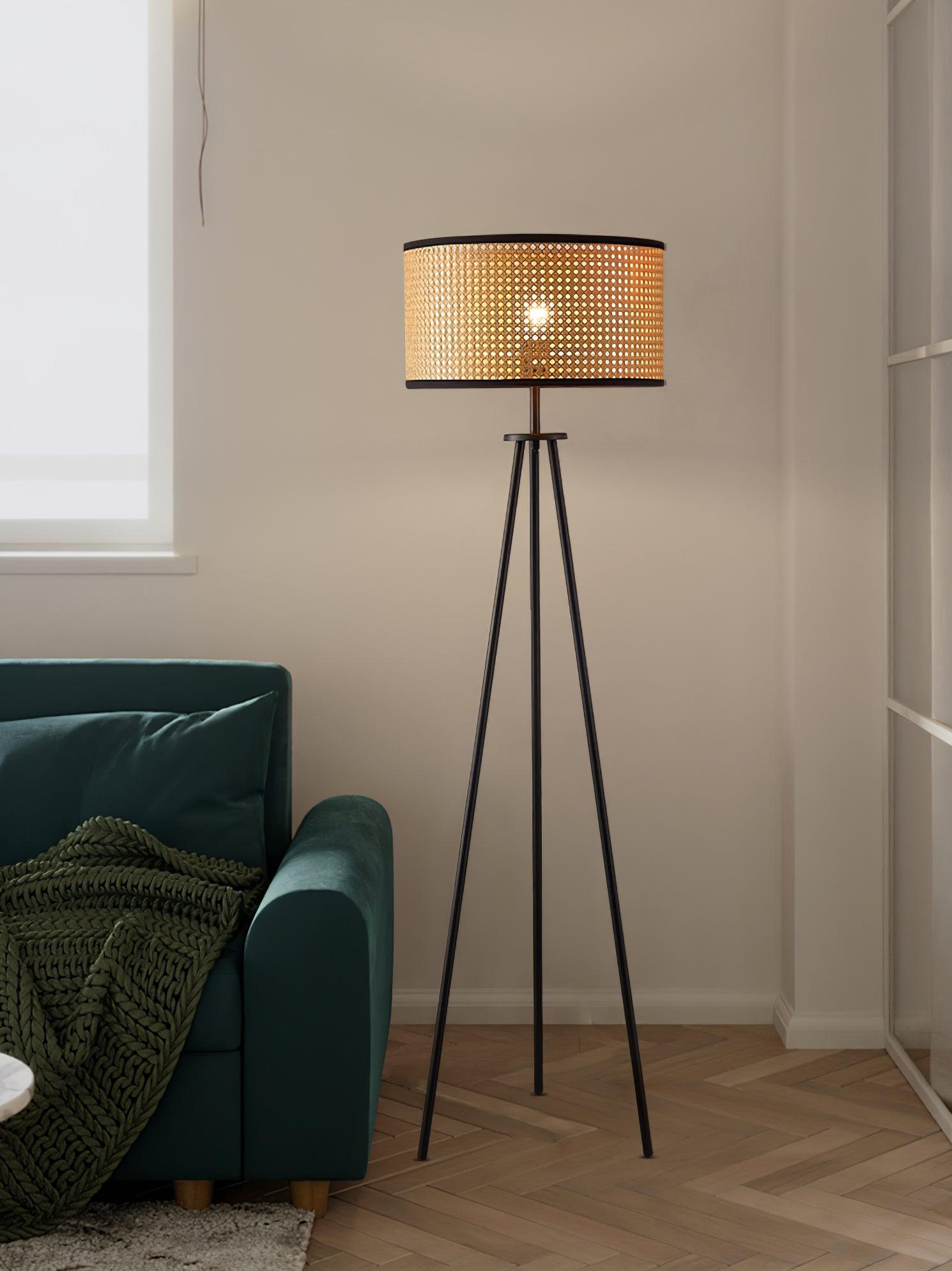 Aubrey Modern Tripod Floor Lamp with Natural Bamboo Shade and Black Metal Base