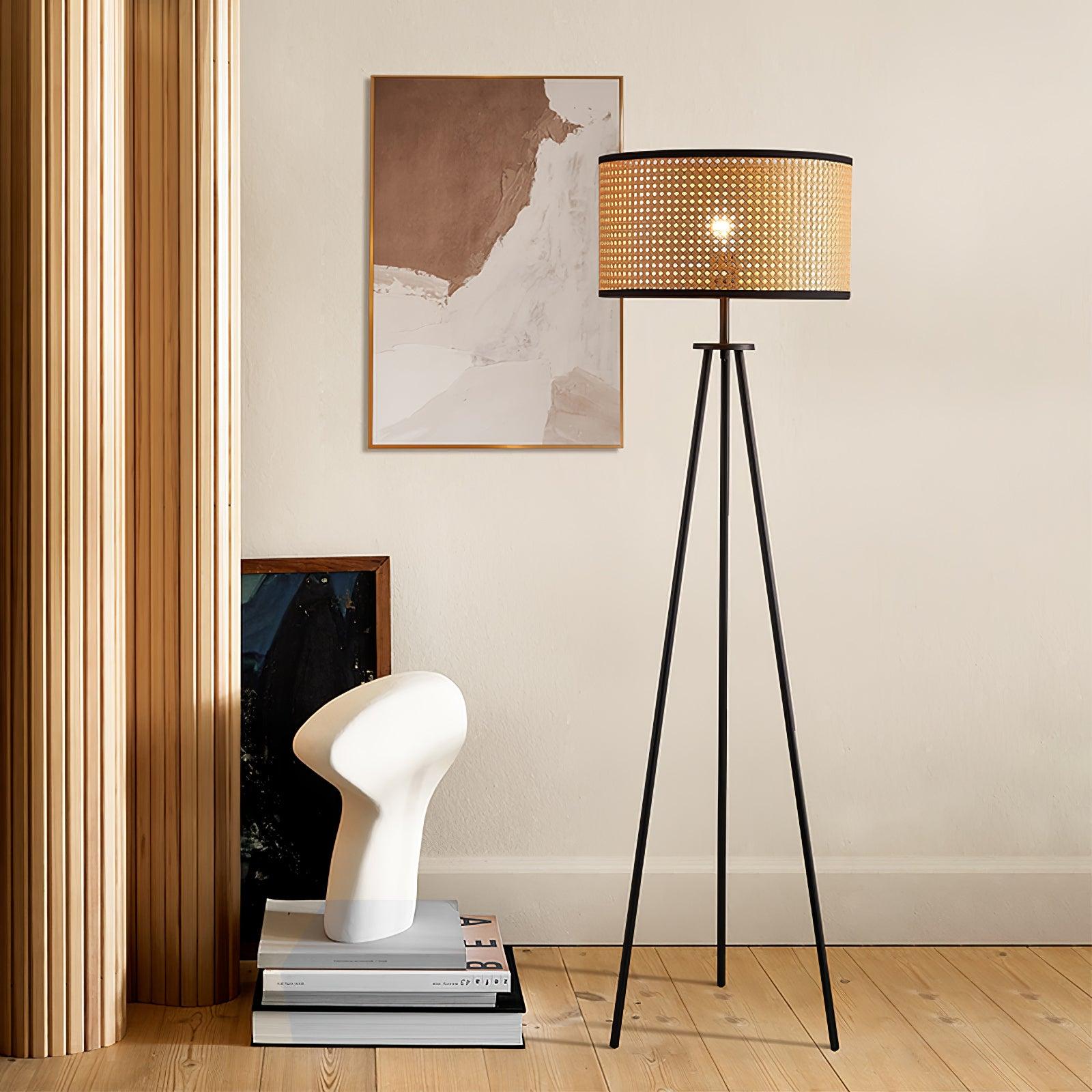 Aubrey Modern Tripod Floor Lamp with Natural Bamboo Shade and Black Metal Base