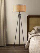 Aubrey Modern Tripod Floor Lamp with Natural Bamboo Shade and Black Metal Base