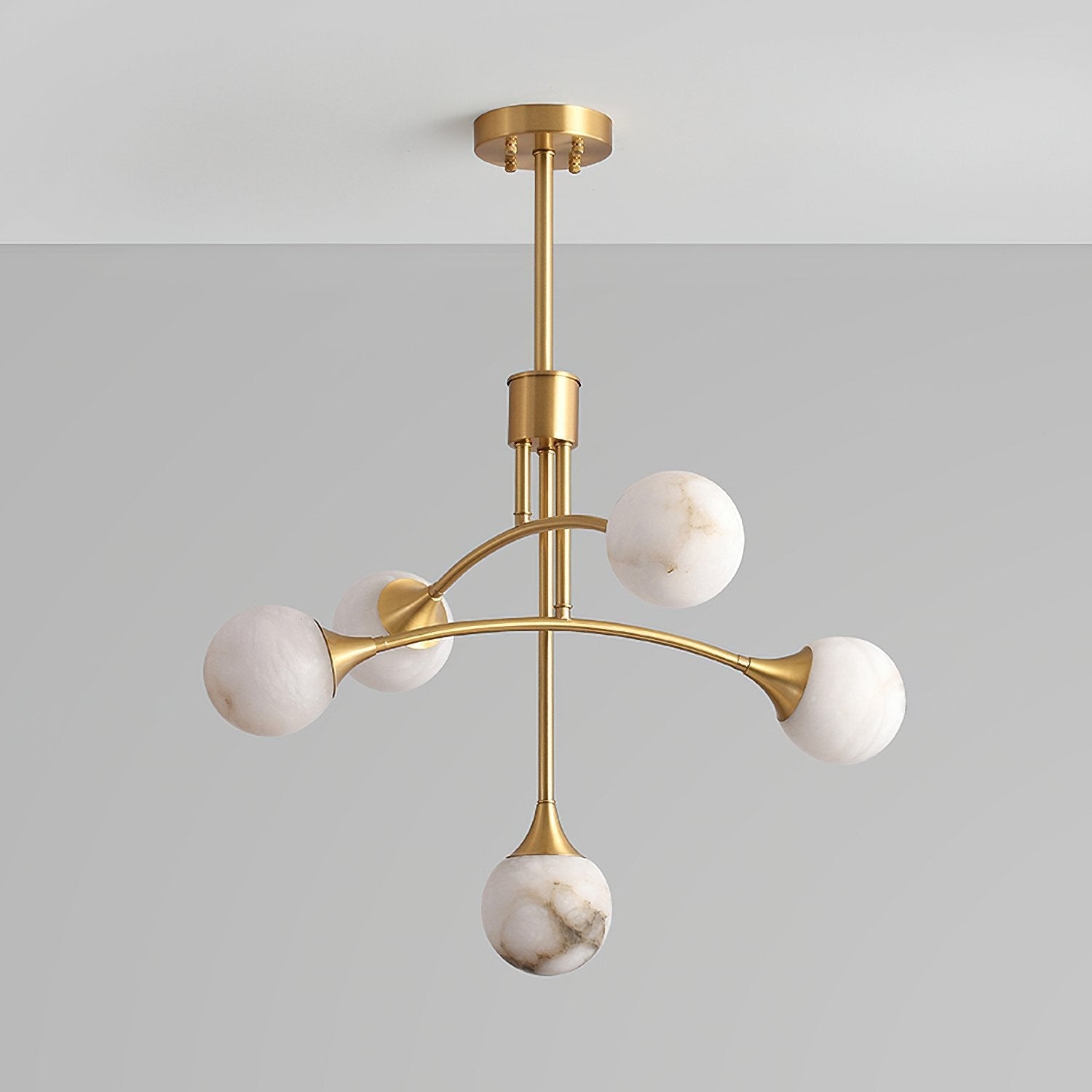 modern-alabaster-globe-chandelier-with-slender-brass-arms-for-luxury-living-room